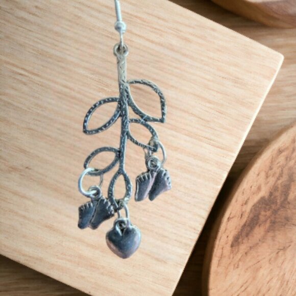 Brand New Mom with Baby Sliver Plated Earrings with Tiny Feet and a Heart - Picture 2 of 2